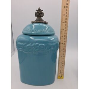 Drake Design Tuscan Scroll Fleur De Lis Turquois Square Canister No Base 11 1/2"
